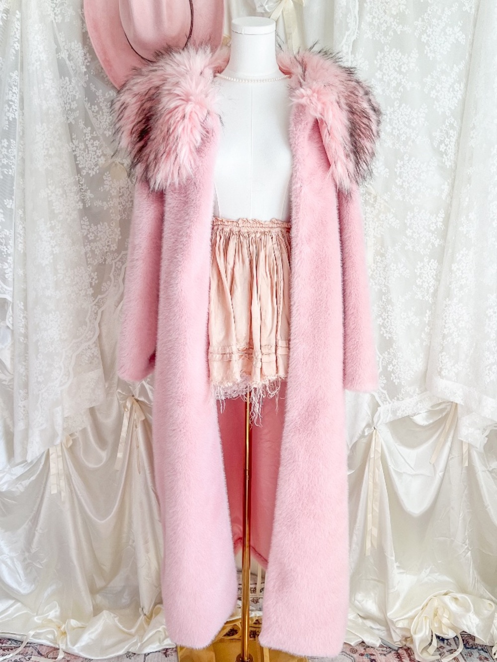 Pink Faux Fur Long Coat with Statement Collar – Coquette Glam Princess Jacket (F